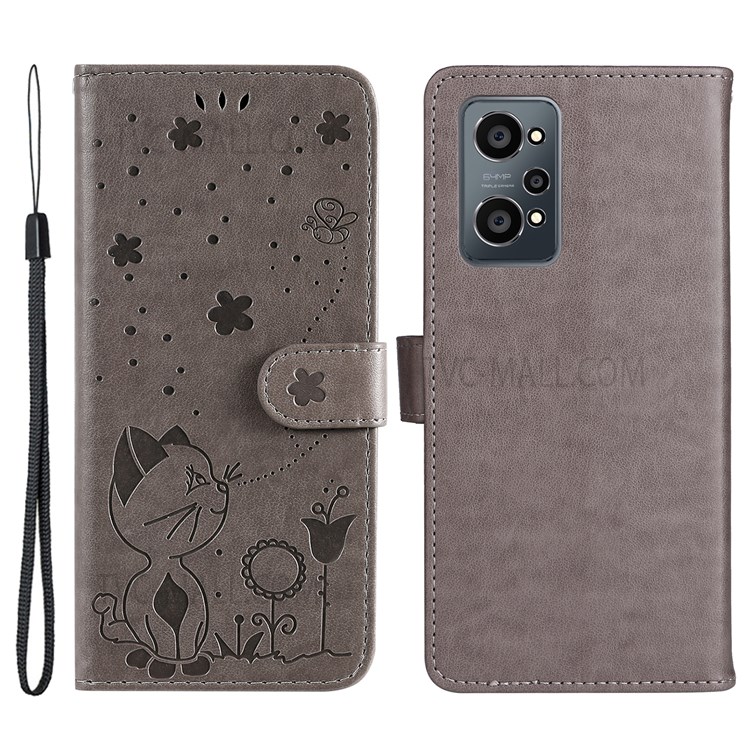 Imprinting Cat and Bee Pattern PU Leather + TPU Phone Case Wallet Stand Cover with Strap for Realme GT Neo2 - Grey-1