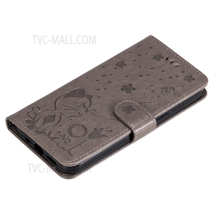 Imprinting Cat and Bee Pattern PU Leather + TPU Phone Case Wallet Stand Cover with Strap for Realme GT Neo2 - Grey-10