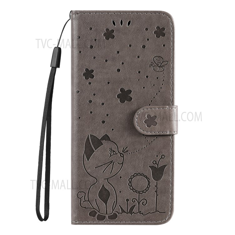 Imprinting Cat and Bee Pattern PU Leather + TPU Phone Case Wallet Stand Cover with Strap for Realme GT Neo2 - Grey-2