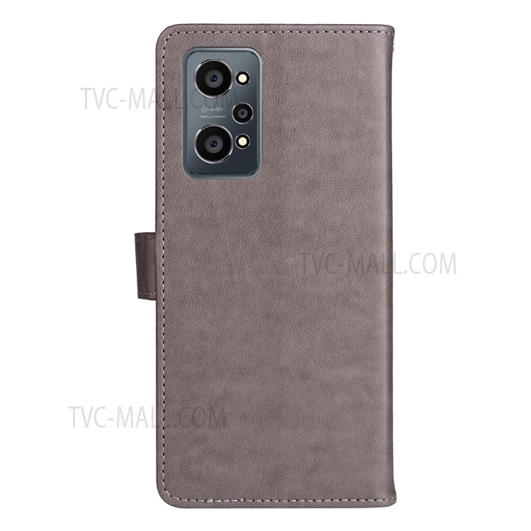 Imprinting Cat and Bee Pattern PU Leather + TPU Phone Case Wallet Stand Cover with Strap for Realme GT Neo2 - Grey-4