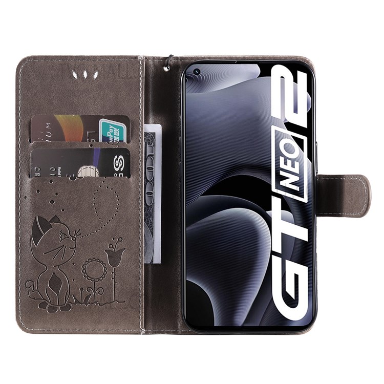 Imprinting Cat and Bee Pattern PU Leather + TPU Phone Case Wallet Stand Cover with Strap for Realme GT Neo2 - Grey-5