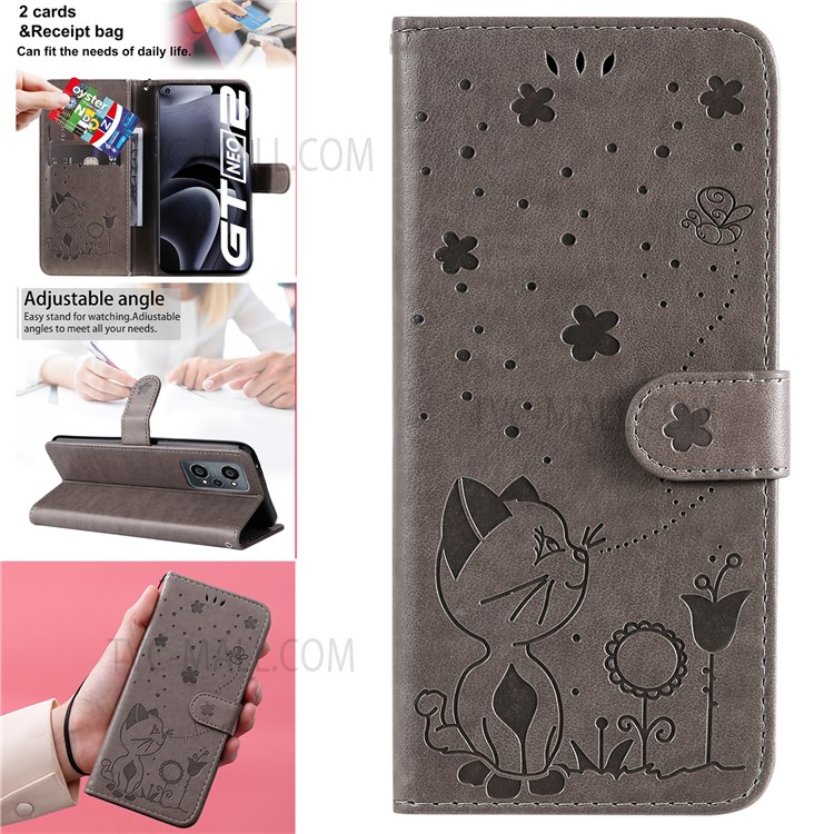 Imprinting Cat and Bee Pattern PU Leather + TPU Phone Case Wallet Stand Cover with Strap for Realme GT Neo2 - Grey-9