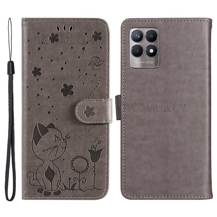 Cat and Bee Imprinted Magnetic Clasp Leather Phone Case Cover Stand Wallet Shell with Strap for Realme 8i - Grey-1