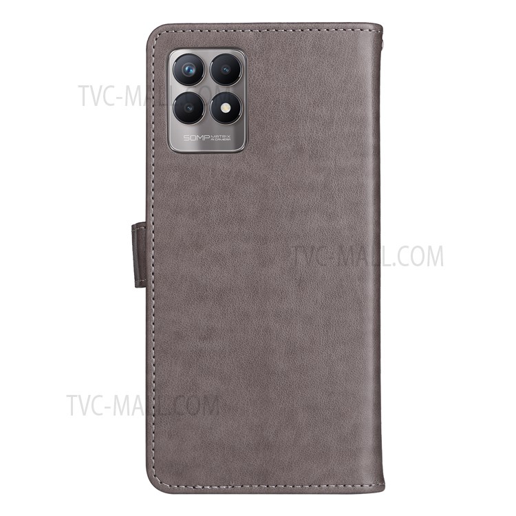 Cat and Bee Imprinted Magnetic Clasp Leather Phone Case Cover Stand Wallet Shell with Strap for Realme 8i - Grey-4