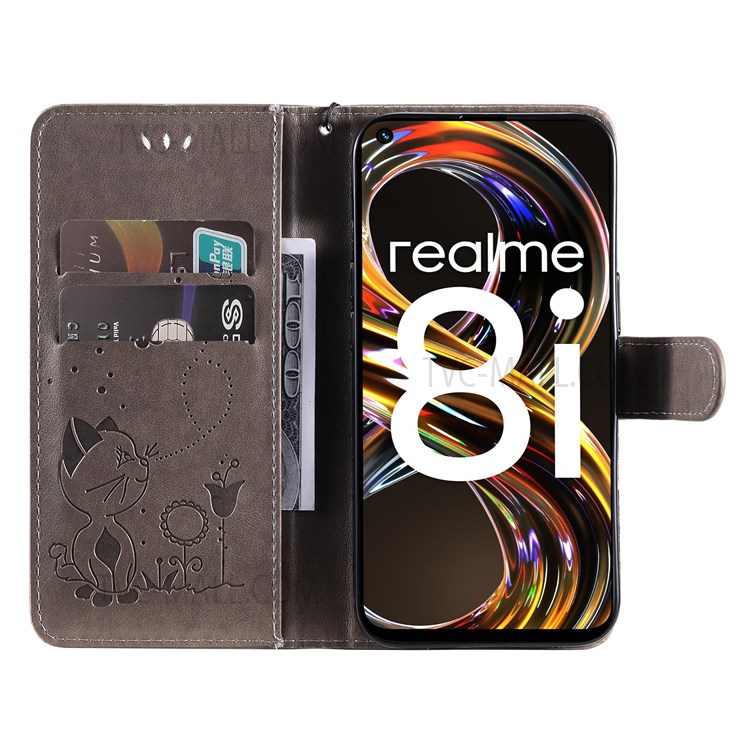 Cat and Bee Imprinted Magnetic Clasp Leather Phone Case Cover Stand Wallet Shell with Strap for Realme 8i - Grey-5