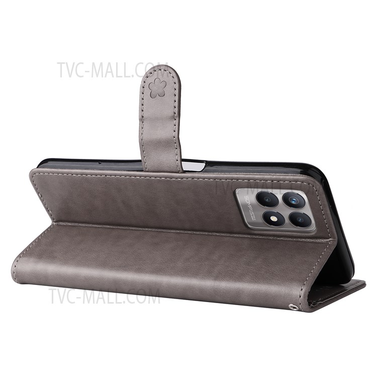 Cat and Bee Imprinted Magnetic Clasp Leather Phone Case Cover Stand Wallet Shell with Strap for Realme 8i - Grey-7