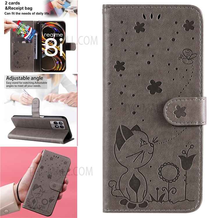 Cat and Bee Imprinted Magnetic Clasp Leather Phone Case Cover Stand Wallet Shell with Strap for Realme 8i - Grey-9