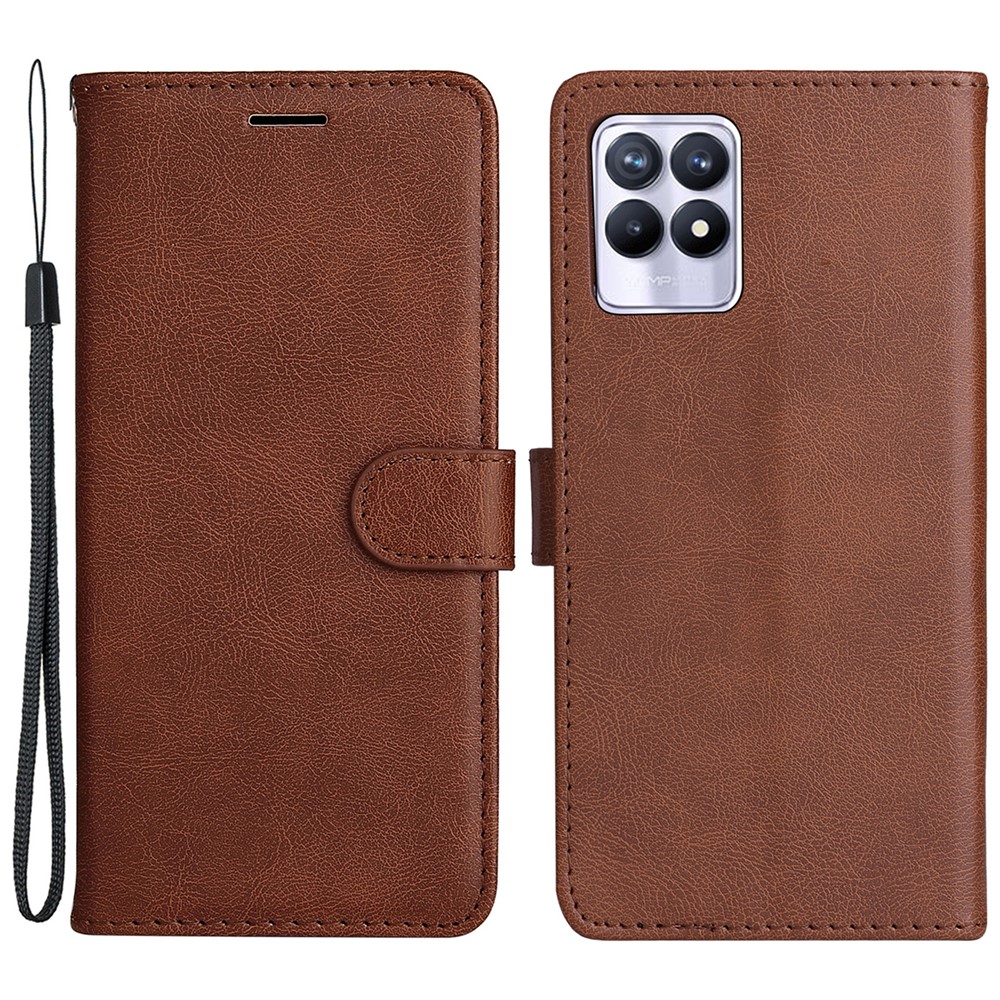 Solid Color Anti-scratch PU Leather Shell Magnetic Closure Wrist Strap Phone Cover with Wallet Stand for Realme 8i - Brown-1