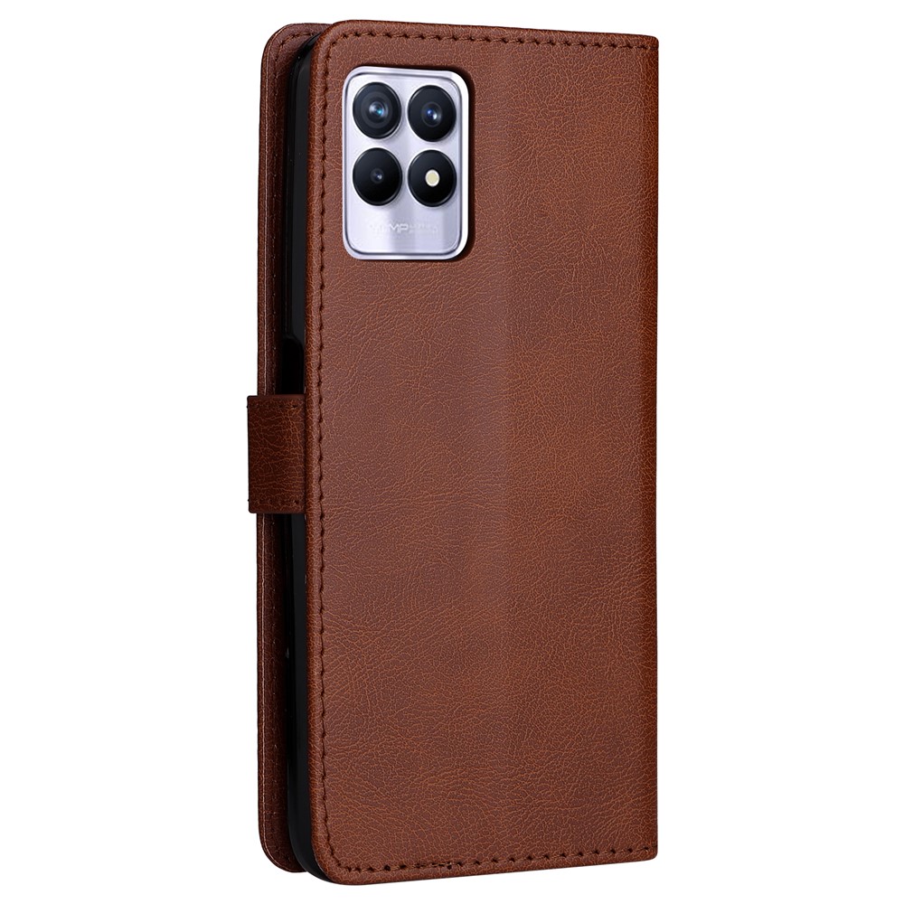 Solid Color Anti-scratch PU Leather Shell Magnetic Closure Wrist Strap Phone Cover with Wallet Stand for Realme 8i - Brown-4