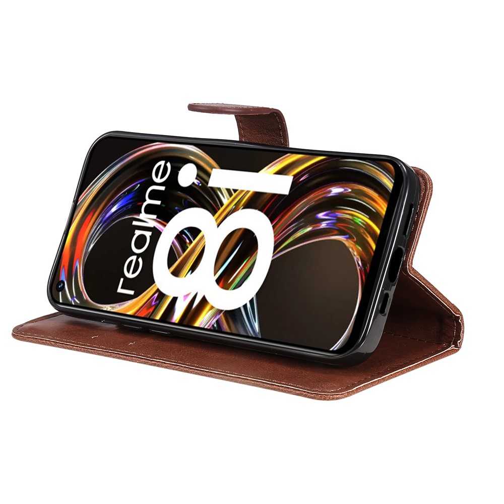 Solid Color Anti-scratch PU Leather Shell Magnetic Closure Wrist Strap Phone Cover with Wallet Stand for Realme 8i - Brown-5