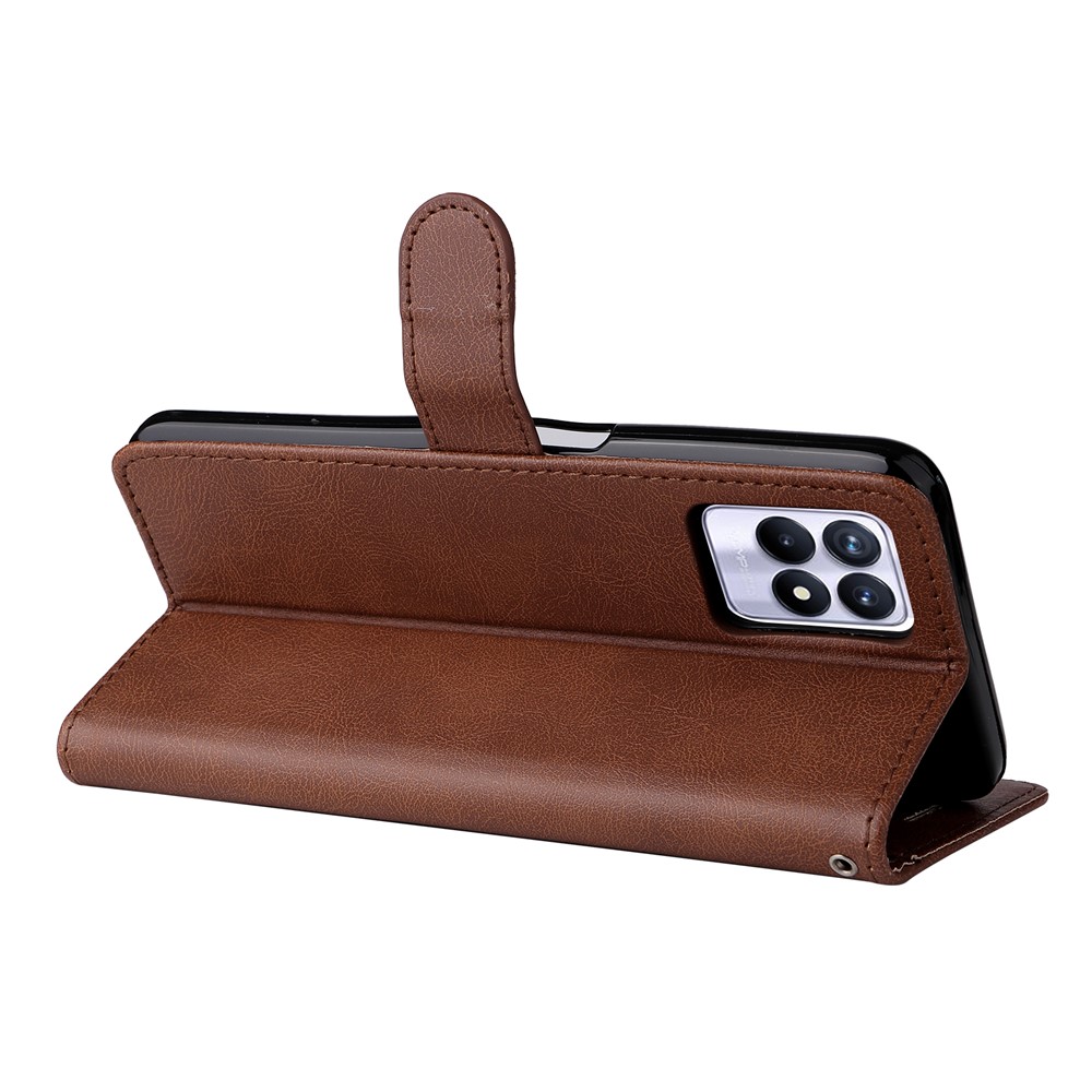 Solid Color Anti-scratch PU Leather Shell Magnetic Closure Wrist Strap Phone Cover with Wallet Stand for Realme 8i - Brown-6