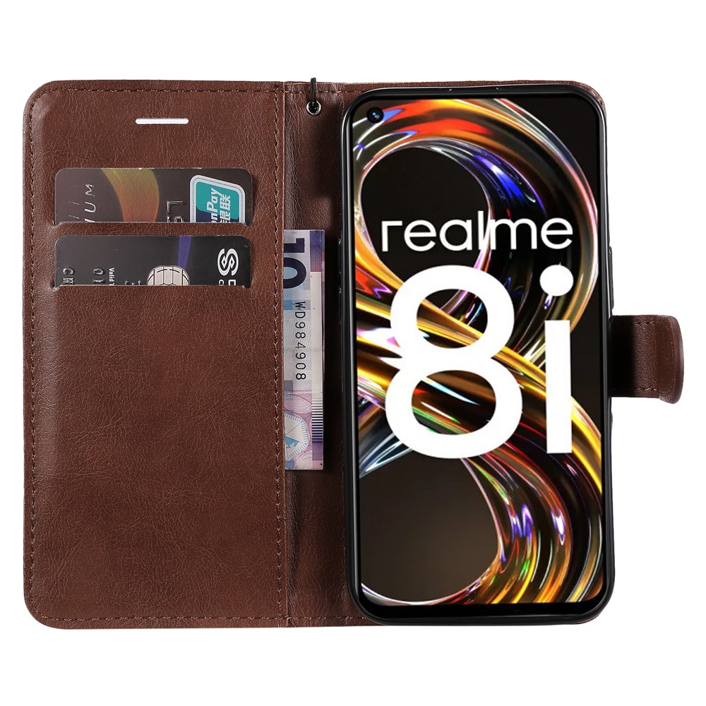 Solid Color Anti-scratch PU Leather Shell Magnetic Closure Wrist Strap Phone Cover with Wallet Stand for Realme 8i - Brown-7