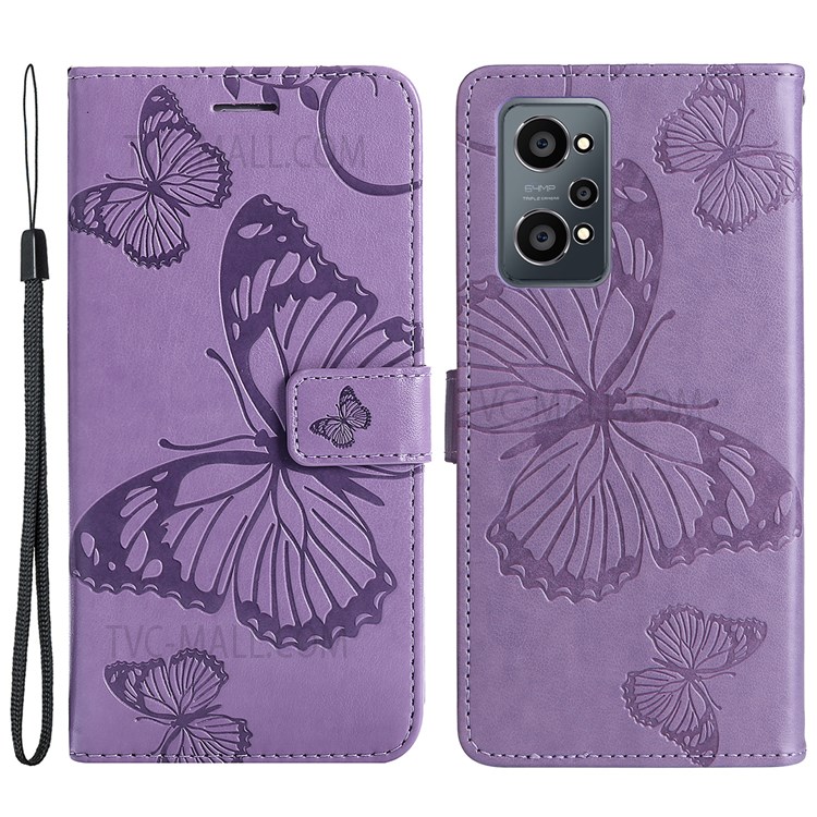 Imprinted Butterfly Pattern PU Leather Case TPU Interior Shockproof Stand Protective Wallet Cover with Strap for Realme GT Neo2 - Purple-1