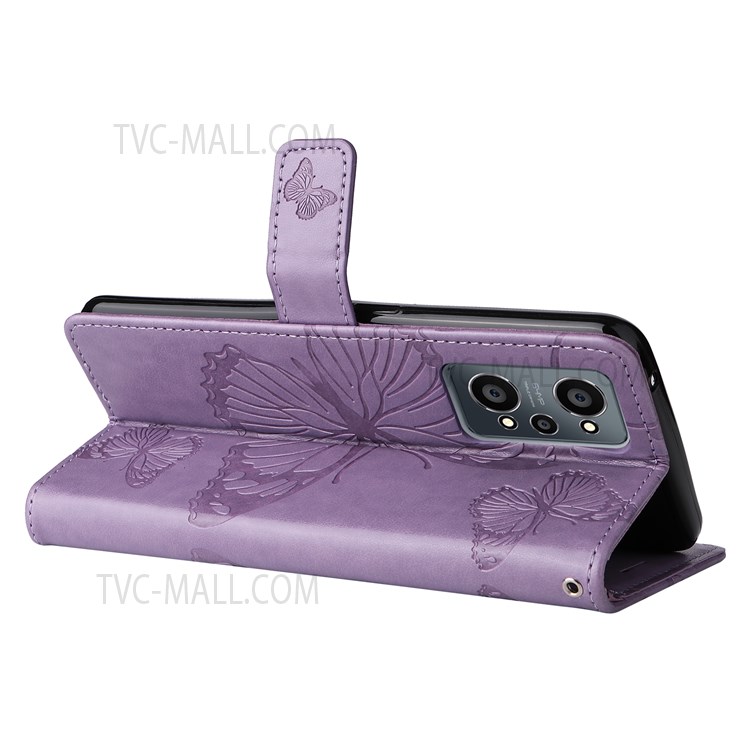 Imprinted Butterfly Pattern PU Leather Case TPU Interior Shockproof Stand Protective Wallet Cover with Strap for Realme GT Neo2 - Purple-4