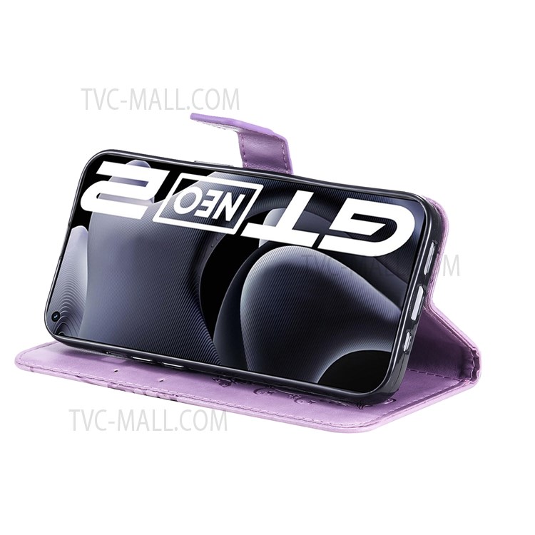 Imprinted Butterfly Pattern PU Leather Case TPU Interior Shockproof Stand Protective Wallet Cover with Strap for Realme GT Neo2 - Purple-5