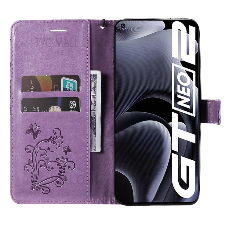 Imprinted Butterfly Pattern PU Leather Case TPU Interior Shockproof Stand Protective Wallet Cover with Strap for Realme GT Neo2 - Purple-6