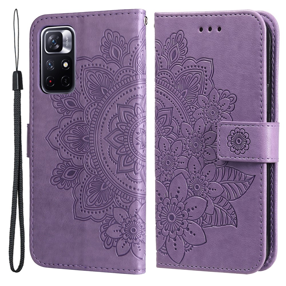 Imprinting Flower Double-sided Magnetic Clasp PU Leather Stand Wallet Phone Case Cover with Hand Strap for Xiaomi Redmi Note 11 5G/Poco M4 Pro 5G - Purple-1