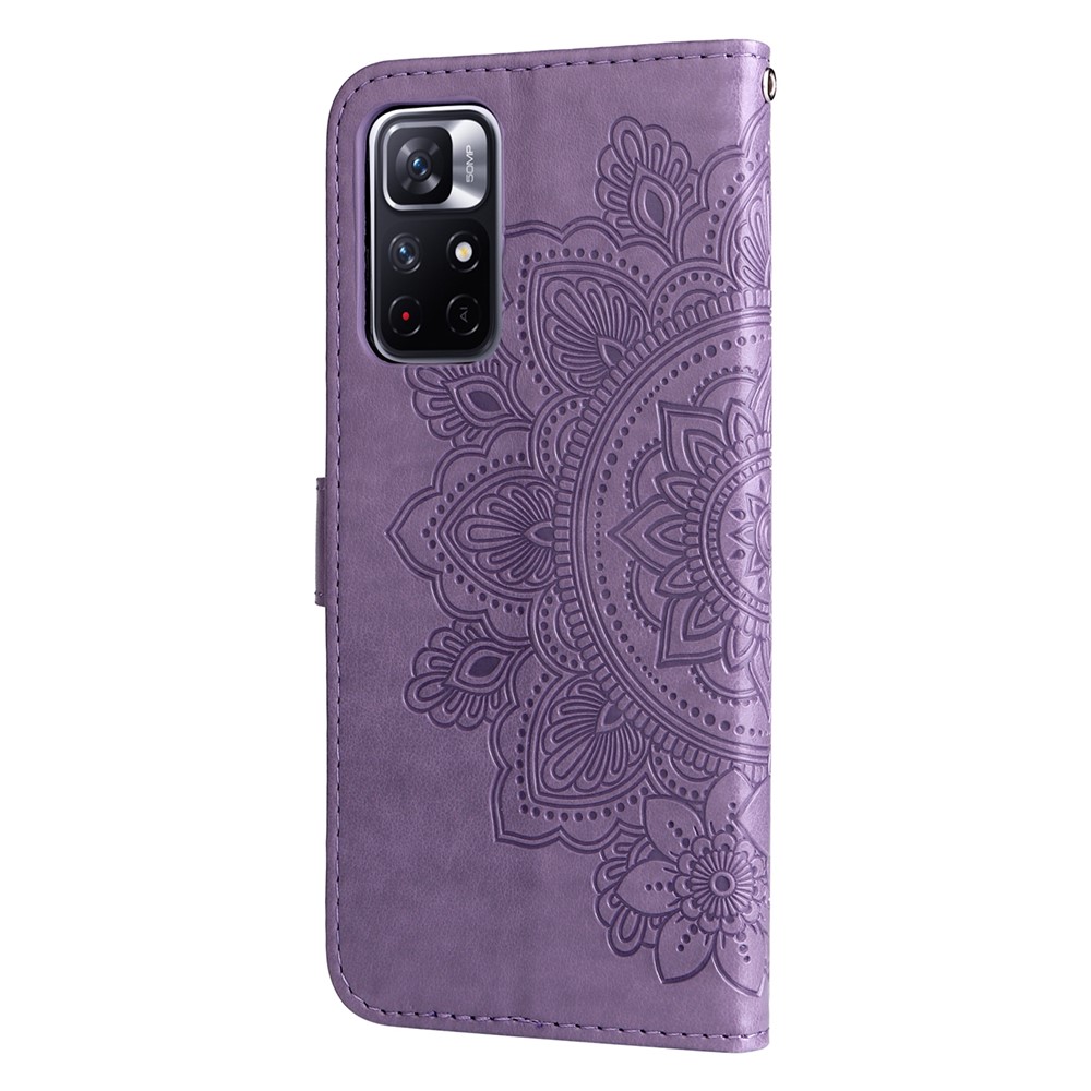 Imprinting Flower Double-sided Magnetic Clasp PU Leather Stand Wallet Phone Case Cover with Hand Strap for Xiaomi Redmi Note 11 5G/Poco M4 Pro 5G - Purple-3