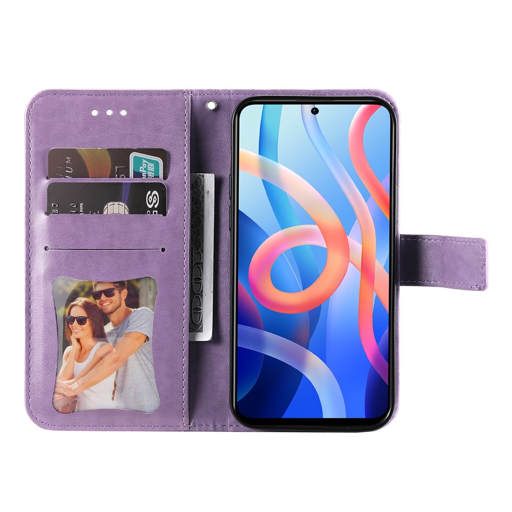 Imprinting Flower Double-sided Magnetic Clasp PU Leather Stand Wallet Phone Case Cover with Hand Strap for Xiaomi Redmi Note 11 5G/Poco M4 Pro 5G - Purple-4