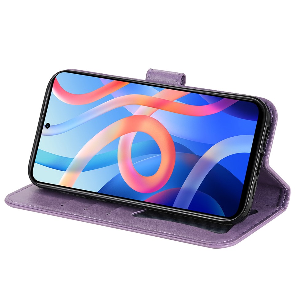 Imprinting Flower Double-sided Magnetic Clasp PU Leather Stand Wallet Phone Case Cover with Hand Strap for Xiaomi Redmi Note 11 5G/Poco M4 Pro 5G - Purple-5