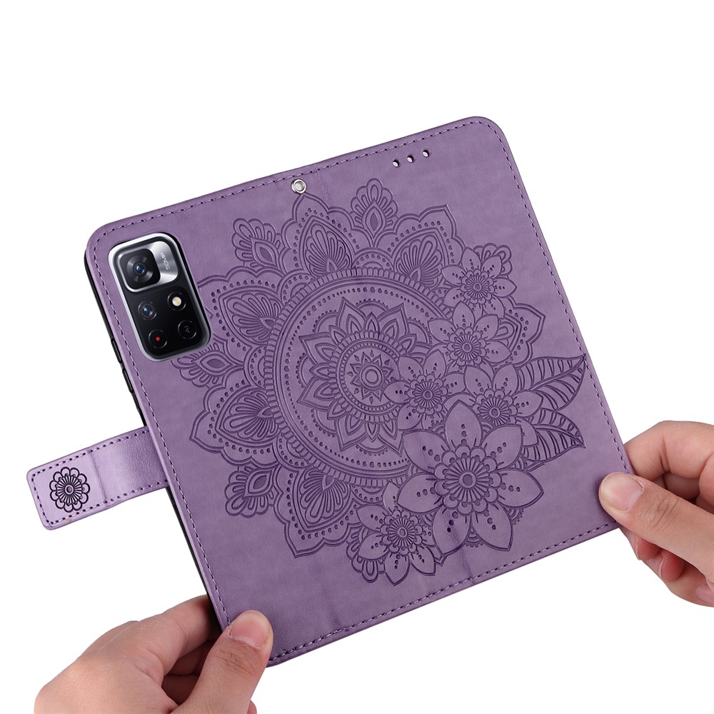 Imprinting Flower Double-sided Magnetic Clasp PU Leather Stand Wallet Phone Case Cover with Hand Strap for Xiaomi Redmi Note 11 5G/Poco M4 Pro 5G - Purple-6