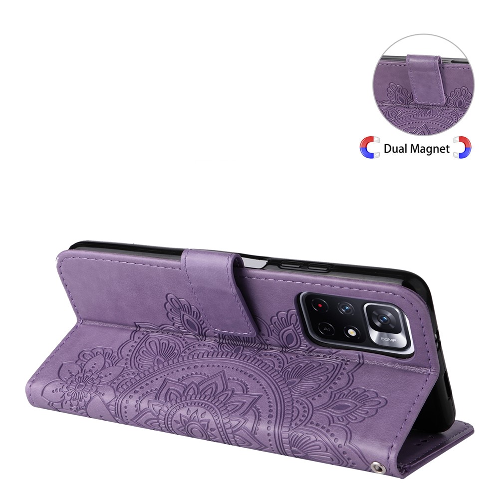 Imprinting Flower Double-sided Magnetic Clasp PU Leather Stand Wallet Phone Case Cover with Hand Strap for Xiaomi Redmi Note 11 5G/Poco M4 Pro 5G - Purple-8