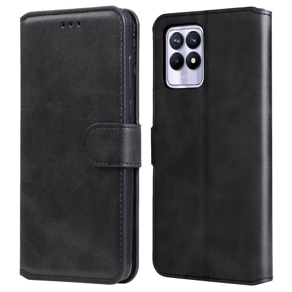 Shockproof Wallet Stand PU Leather + TPU Full Protection Magnetic Clasp Phone Cover Case for Realme 8i - Black-1