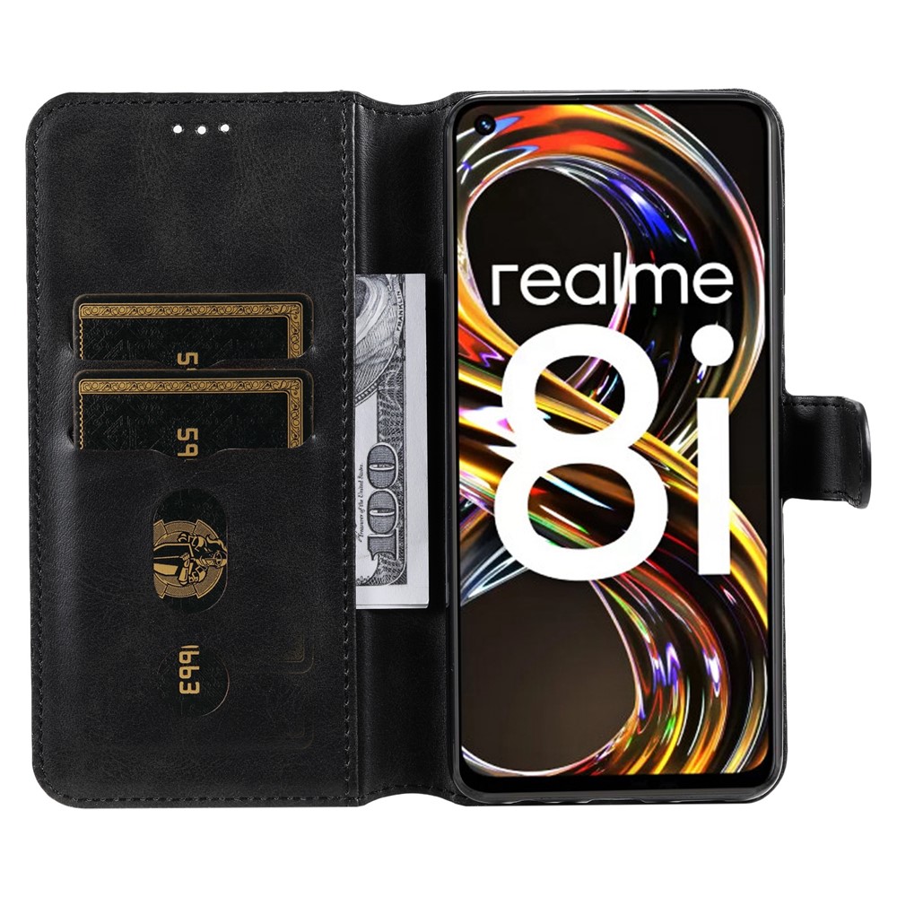 Shockproof Wallet Stand PU Leather + TPU Full Protection Magnetic Clasp Phone Cover Case for Realme 8i - Black-4