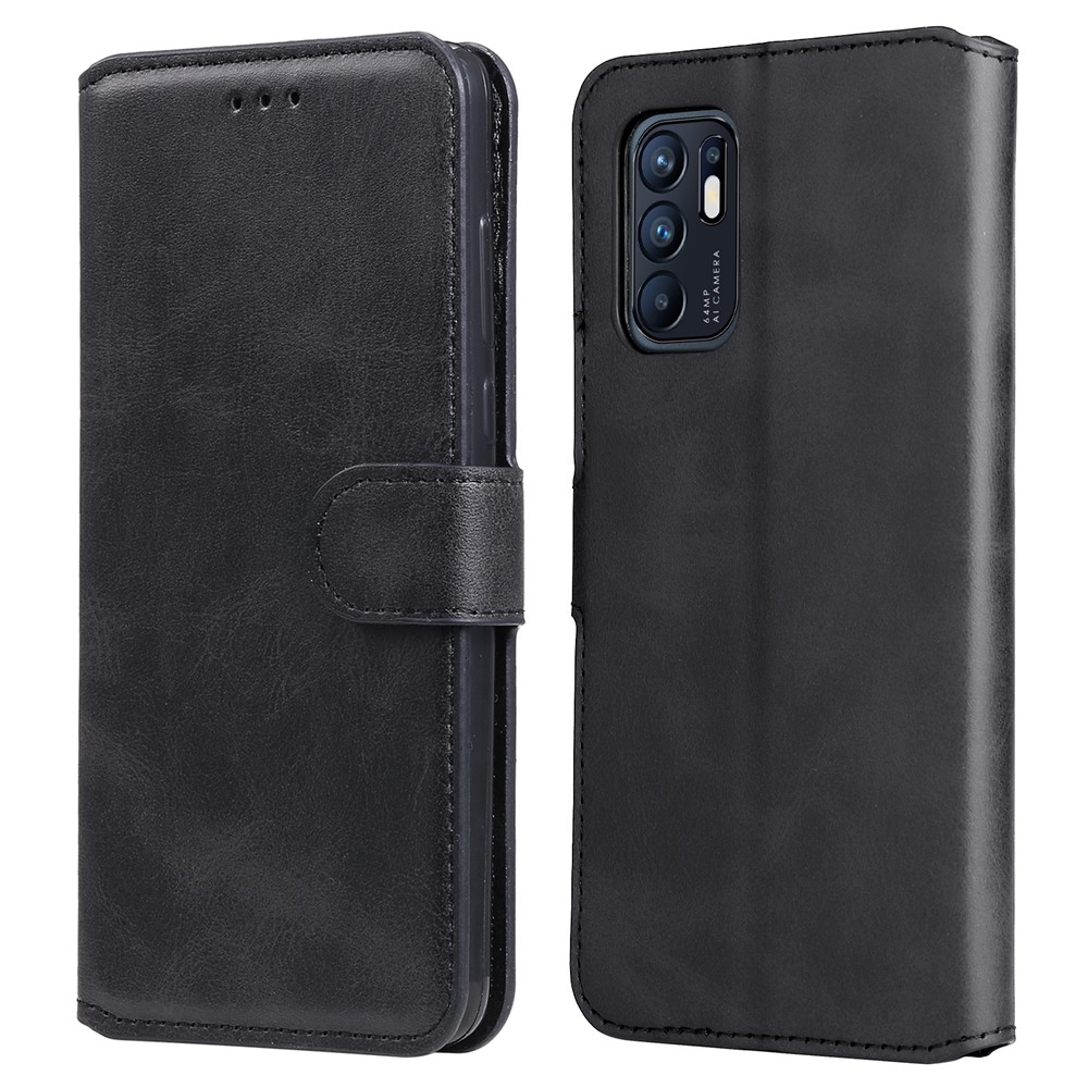 Fully Wrapped Wallet Stand PU Leather + TPU Magnetic Clasp Phone Cover Case for Oppo Reno6 4G - Black-1