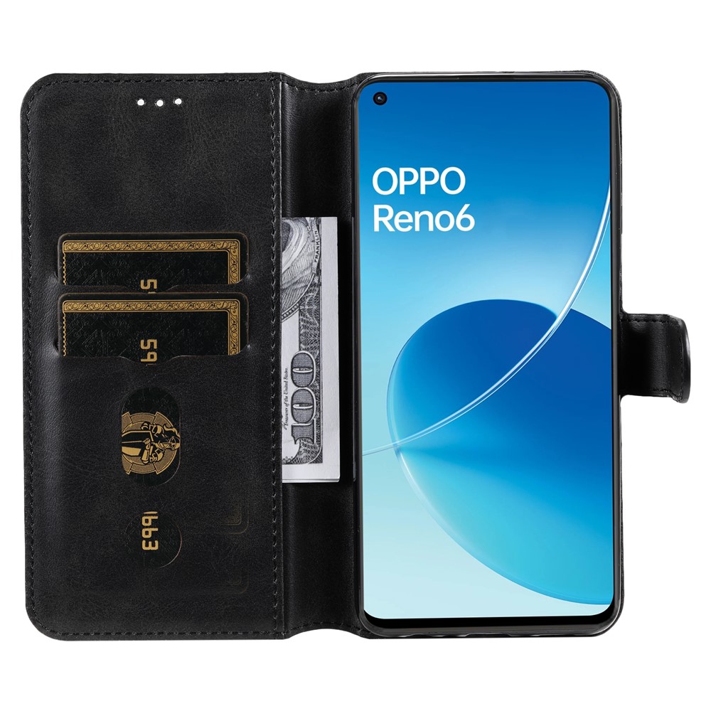 Fully Wrapped Wallet Stand PU Leather + TPU Magnetic Clasp Phone Cover Case for Oppo Reno6 4G - Black-4