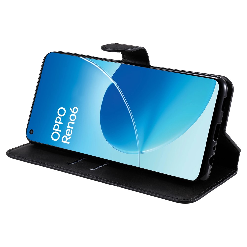 Fully Wrapped Wallet Stand PU Leather + TPU Magnetic Clasp Phone Cover Case for Oppo Reno6 4G - Black-5