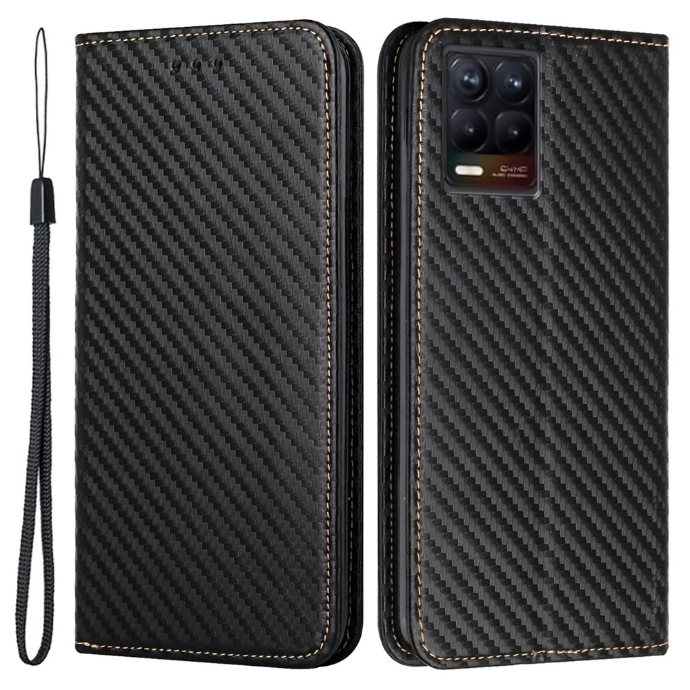 Carbon Fiber Texture Folio Flip Auto-absorbed Leather Case Stand Wallet Protective Cover for Realme 8/8 Pro 4G - Black-1