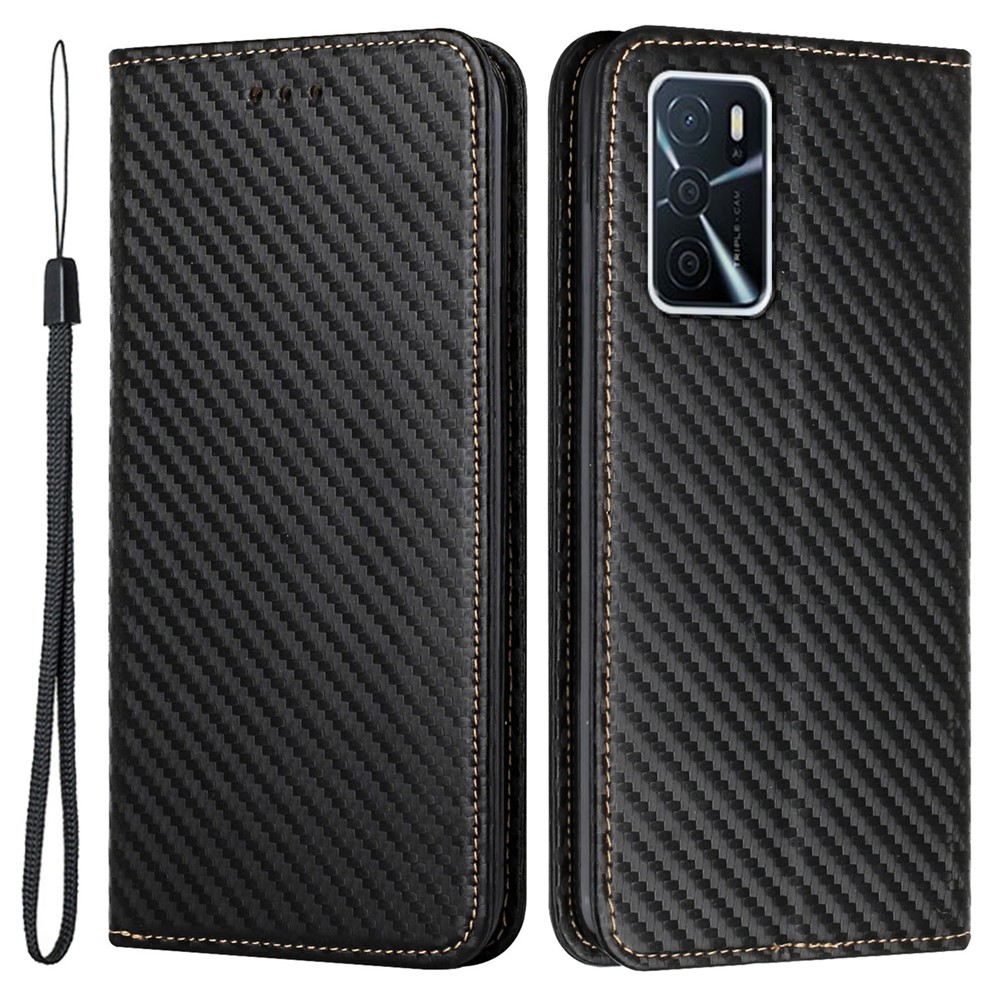 Anti-fall Carbon Fiber Texture Stand Wallet Design Auto-absorbed Leather Case Cover with Hand Strap for Oppo A16 / A16s / A54s - Black-1