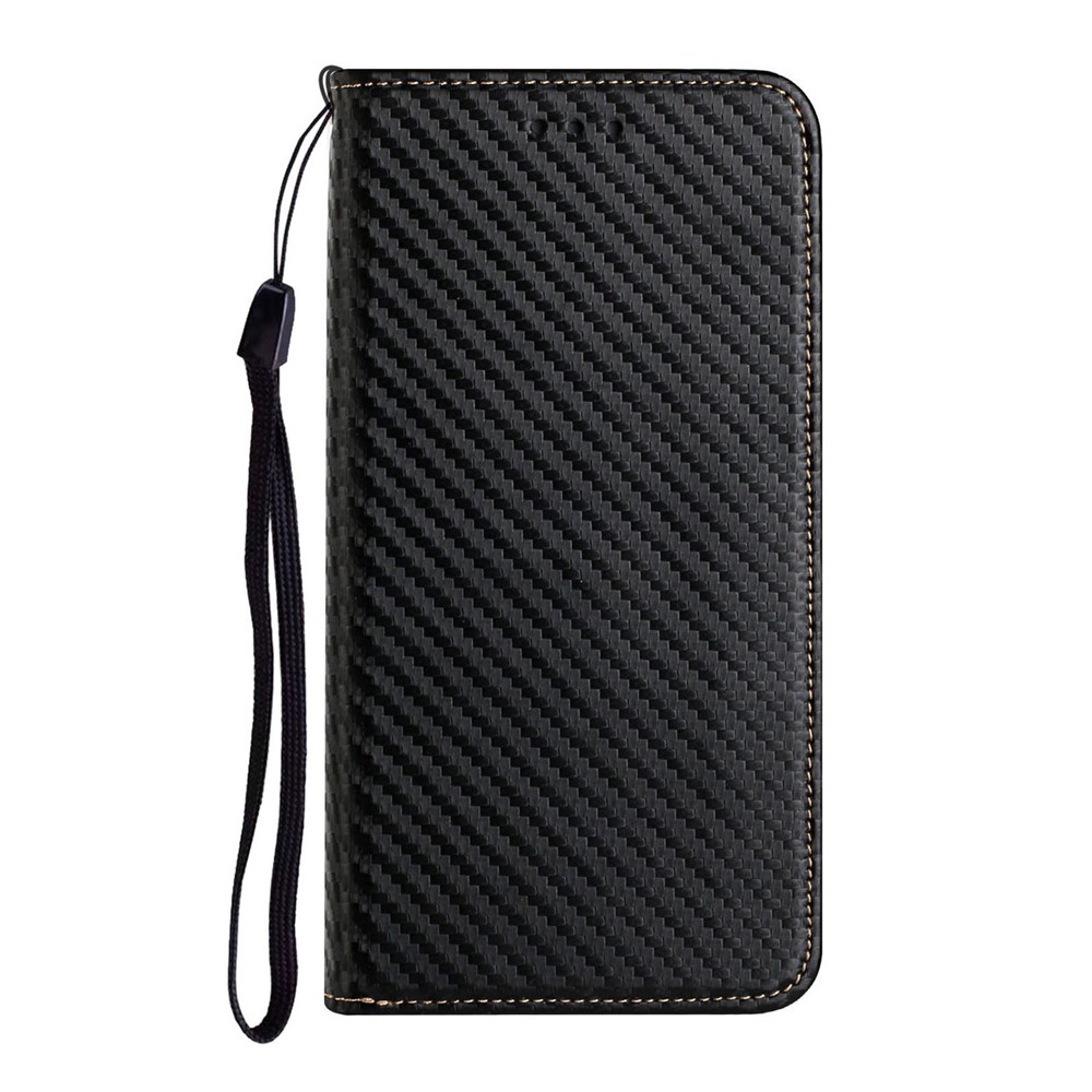 Anti-fall Carbon Fiber Texture Stand Wallet Design Auto-absorbed Leather Case Cover with Hand Strap for Oppo A16 / A16s / A54s - Black-2