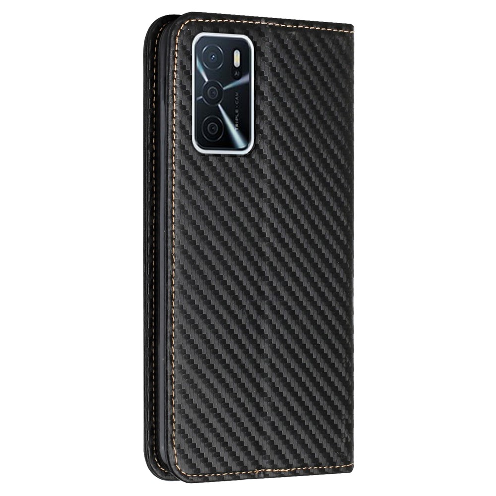 Anti-fall Carbon Fiber Texture Stand Wallet Design Auto-absorbed Leather Case Cover with Hand Strap for Oppo A16 / A16s / A54s - Black-3