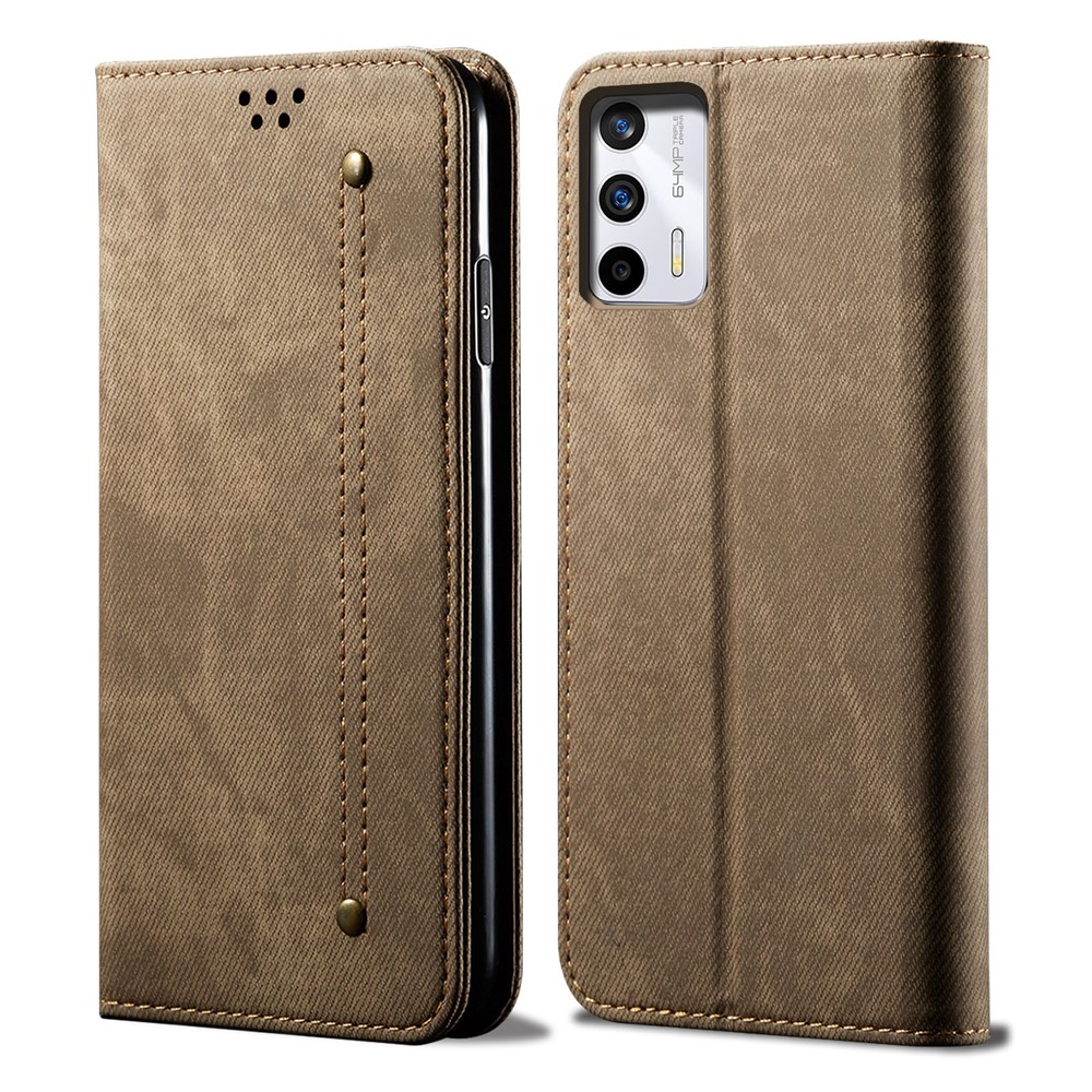 For Realme GT Neo2T/GT 5G Full Body Protection PU Leather+TPU Phone Case Jeans Cloth Texture Automatic Closing Wallet Cover with Stand - Khaki-1