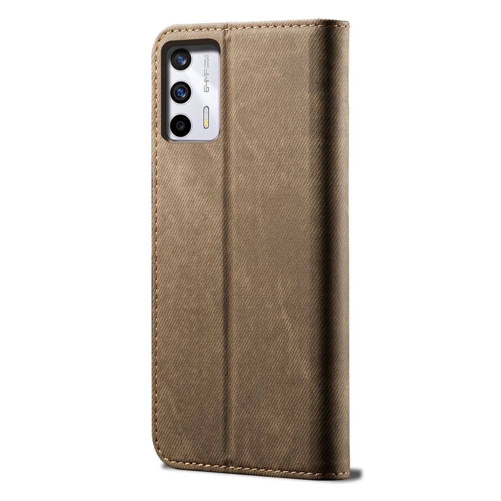 For Realme GT Neo2T/GT 5G Full Body Protection PU Leather+TPU Phone Case Jeans Cloth Texture Automatic Closing Wallet Cover with Stand - Khaki-3