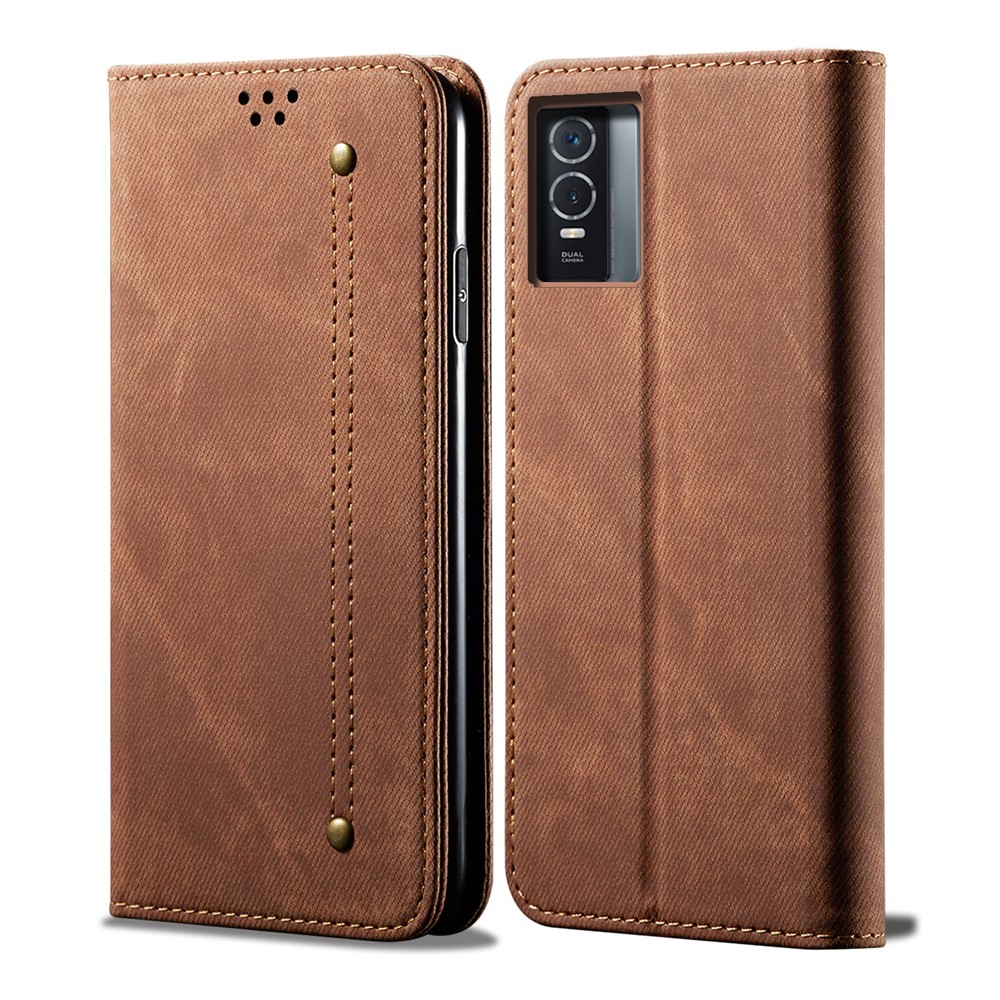 For vivo Y76s All-round Protection PU Leather+TPU Phone Case Jeans Cloth Texture Auto-absorbed Wallet Cover with Stand - Coffee-1