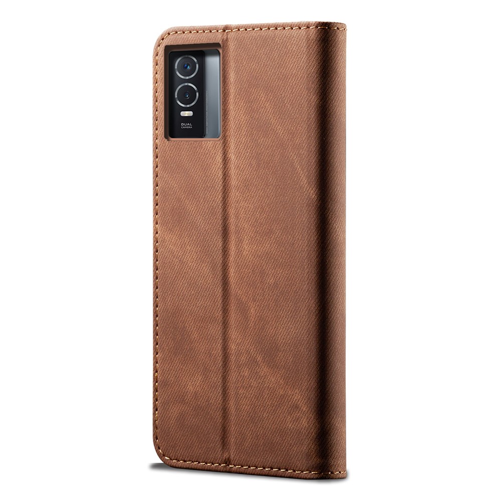 For vivo Y76s All-round Protection PU Leather+TPU Phone Case Jeans Cloth Texture Auto-absorbed Wallet Cover with Stand - Coffee-3