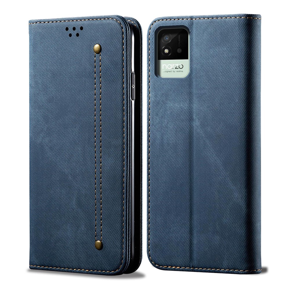 Vintage PU Leather+TPU Phone Case Jeans Cloth Texture Well-protected Anti-fall Wallet Stand Auto-absorbed Flip Cover for Realme Narzo 50i - Blue-1