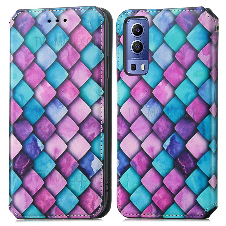 CASENEO 001 Series Automatic Closing RFID Blocking Function Pattern Printing Leather Wallet Drop-proof Phone Stand Cover for vivo Y72 5G - Purple Scale-1