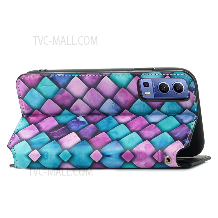 CASENEO 001 Series Automatic Closing RFID Blocking Function Pattern Printing Leather Wallet Drop-proof Phone Stand Cover for vivo Y72 5G - Purple Scale-10