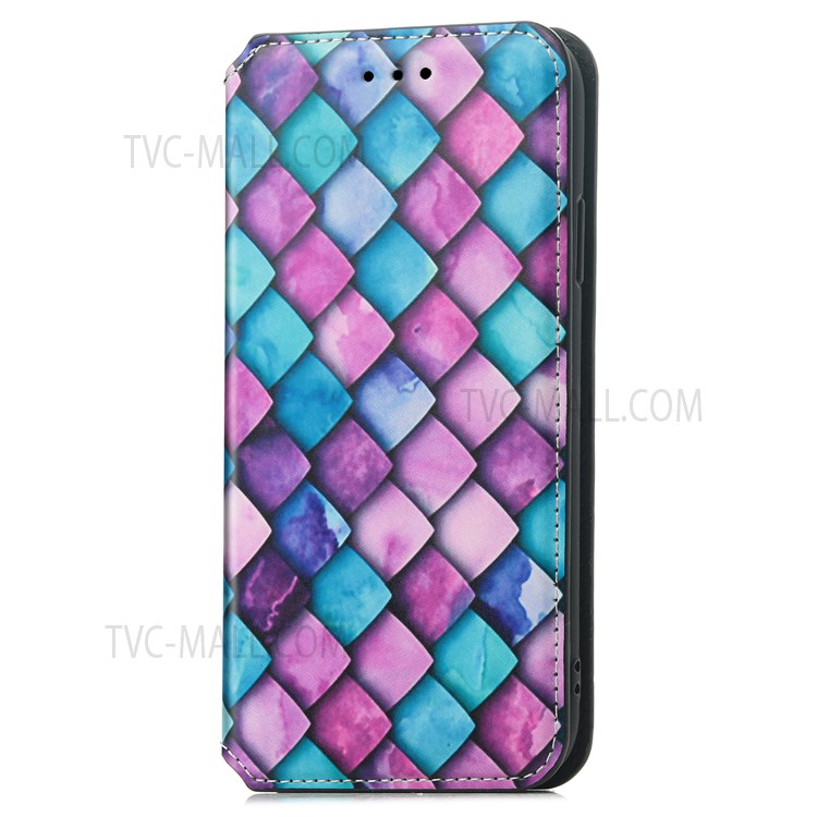 CASENEO 001 Series Automatic Closing RFID Blocking Function Pattern Printing Leather Wallet Drop-proof Phone Stand Cover for vivo Y72 5G - Purple Scale-13