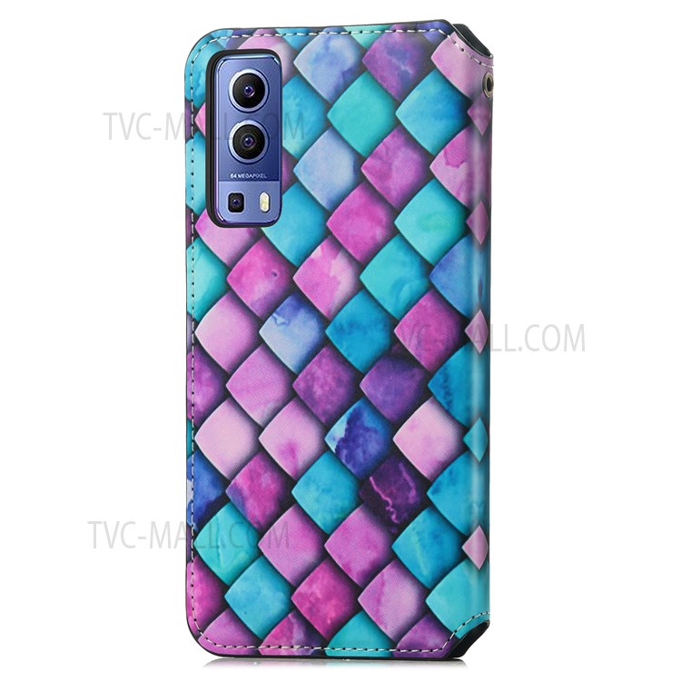 CASENEO 001 Series Automatic Closing RFID Blocking Function Pattern Printing Leather Wallet Drop-proof Phone Stand Cover for vivo Y72 5G - Purple Scale-14