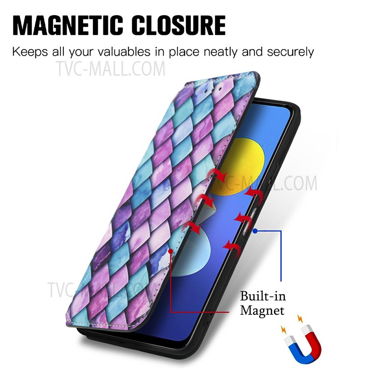 CASENEO 001 Series Automatic Closing RFID Blocking Function Pattern Printing Leather Wallet Drop-proof Phone Stand Cover for vivo Y72 5G - Purple Scale-2