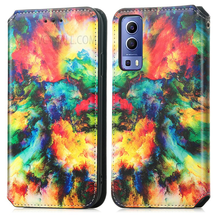 CASENEO 001 Series Automatic Closing RFID Blocking Function Pattern Printing Leather Wallet Drop-proof Phone Stand Cover for vivo Y72 5G - Iridescent Cloud-1