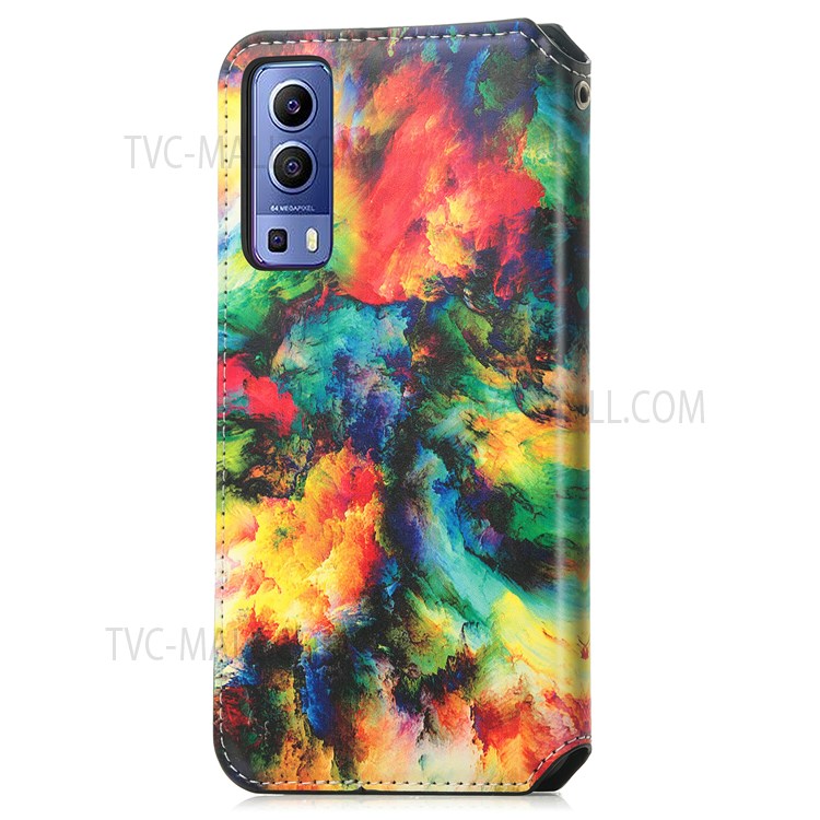 CASENEO 001 Series Automatic Closing RFID Blocking Function Pattern Printing Leather Wallet Drop-proof Phone Stand Cover for vivo Y72 5G - Iridescent Cloud-14