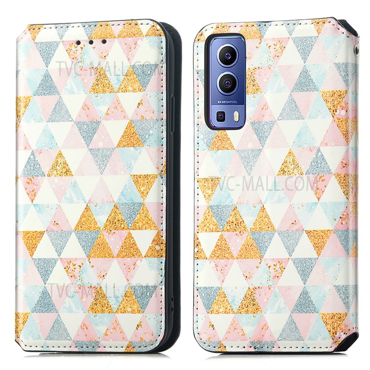 CASENEO 001 Series Automatic Closing RFID Blocking Function Pattern Printing Leather Wallet Drop-proof Phone Stand Cover for vivo Y72 5G - Nordic Style Rhombus-1