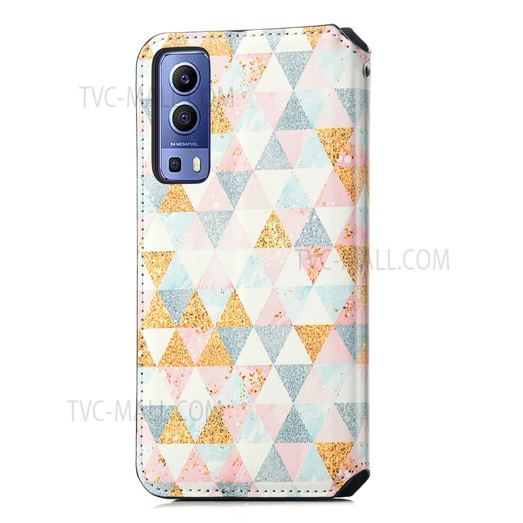 CASENEO 001 Series Automatic Closing RFID Blocking Function Pattern Printing Leather Wallet Drop-proof Phone Stand Cover for vivo Y72 5G - Nordic Style Rhombus-11