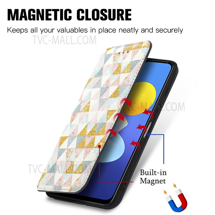 CASENEO 001 Series Automatic Closing RFID Blocking Function Pattern Printing Leather Wallet Drop-proof Phone Stand Cover for vivo Y72 5G - Nordic Style Rhombus-2